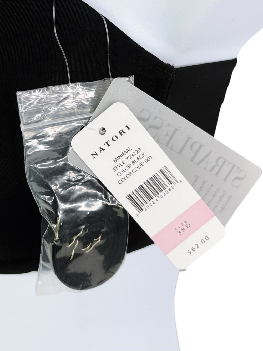 NWT Natori Minimal Strapless Bra sz 38D * Black Sleek Underwire Adjustable Strap - Picture 3 of 4